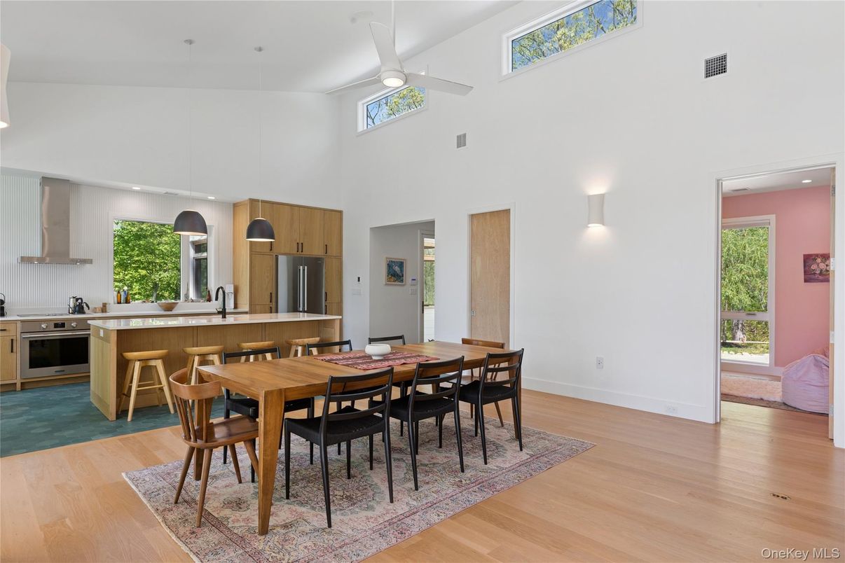 Dining room, Interior, Kitchen, Pendant Lights, Stainless Steel Appliances, Wood Texture Flooring
