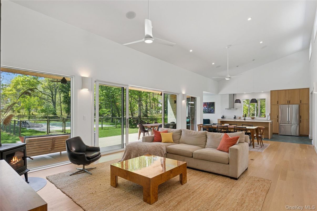 Dining room, Fireplace, Interior, Kitchen, Living room, Pendant Lights, Recessed Lighting, Wood Texture Flooring