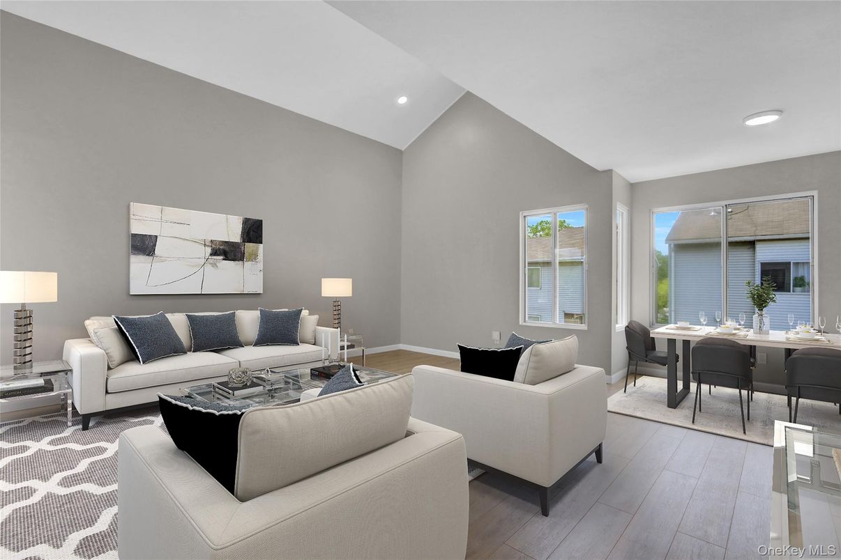 Dining room, Interior, Living room, Recessed Lighting, Wood Texture Flooring