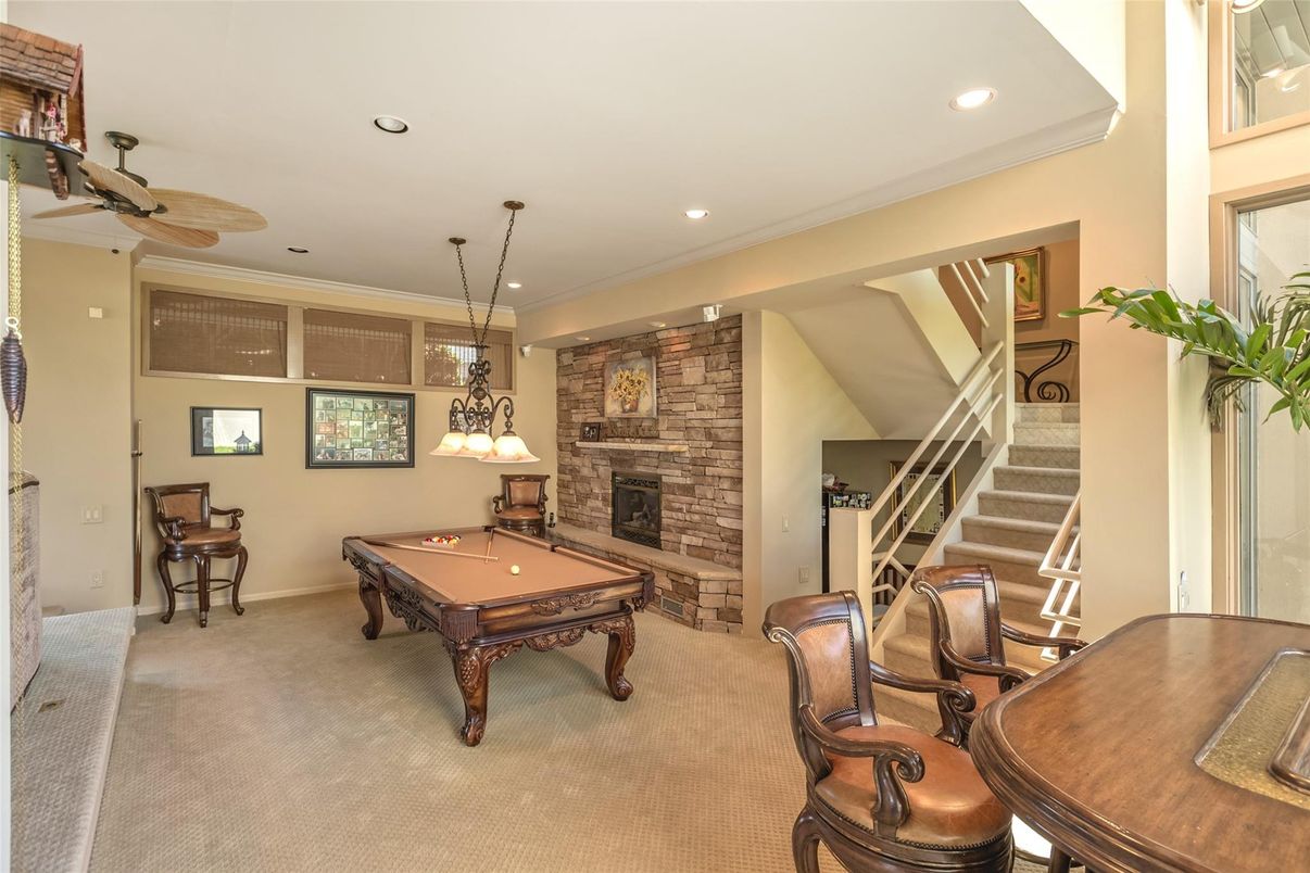 Billiard Table, Fireplace, Game Room, Interior, Pendant Lights, Recessed Lighting, Stone Walls