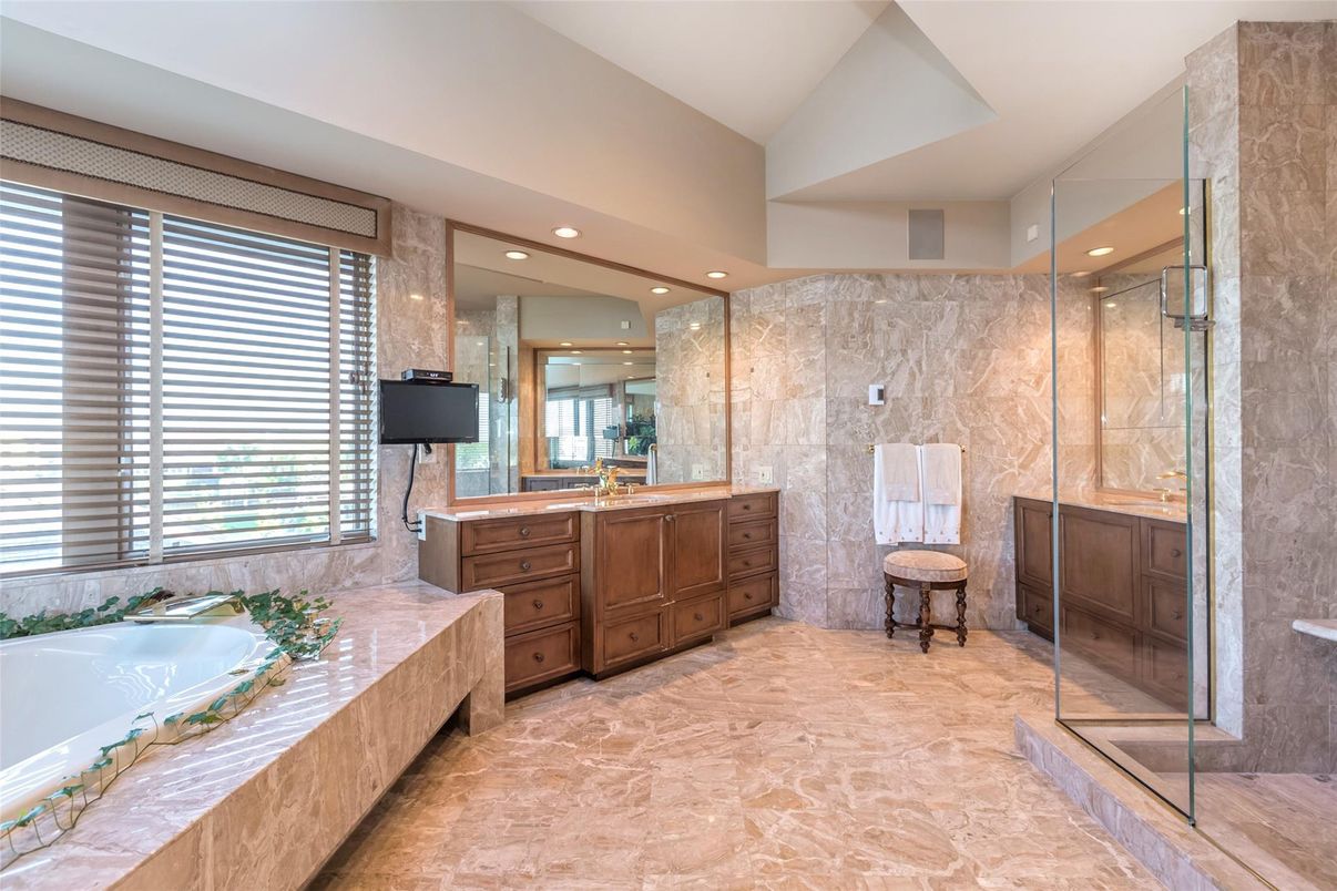 Bathroom, Dual Sink Vanities, Glass Shower, Interior, Recessed Lighting