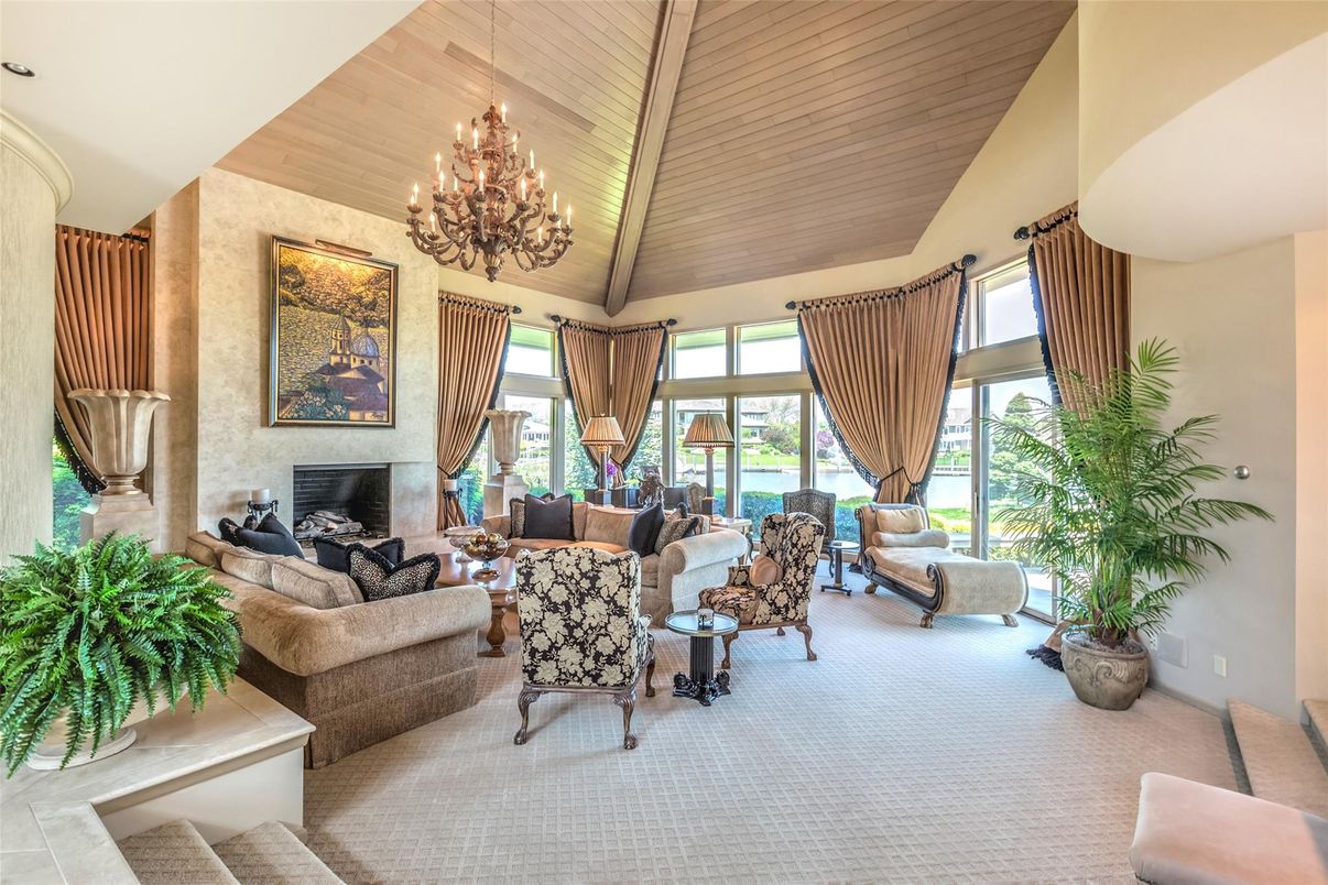 Chandelier, Dining room, Fireplace, Interior, Living room, Wooden Ceilings