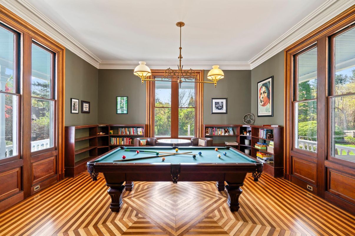 Billiard Table, Chandelier, Game Room, Interior, Pendant Lights, Wood Texture Flooring