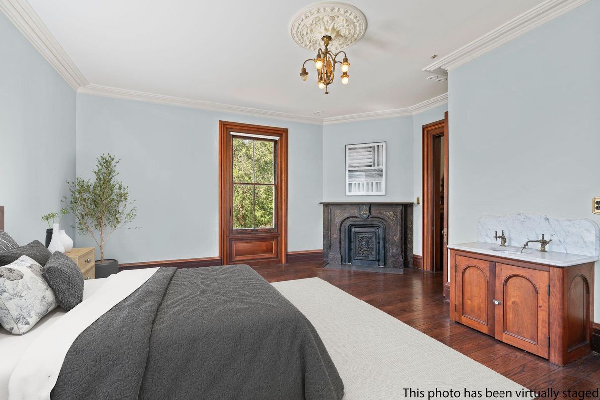 Bedroom, Chandelier, Fireplace, Interior, Wood Texture Flooring