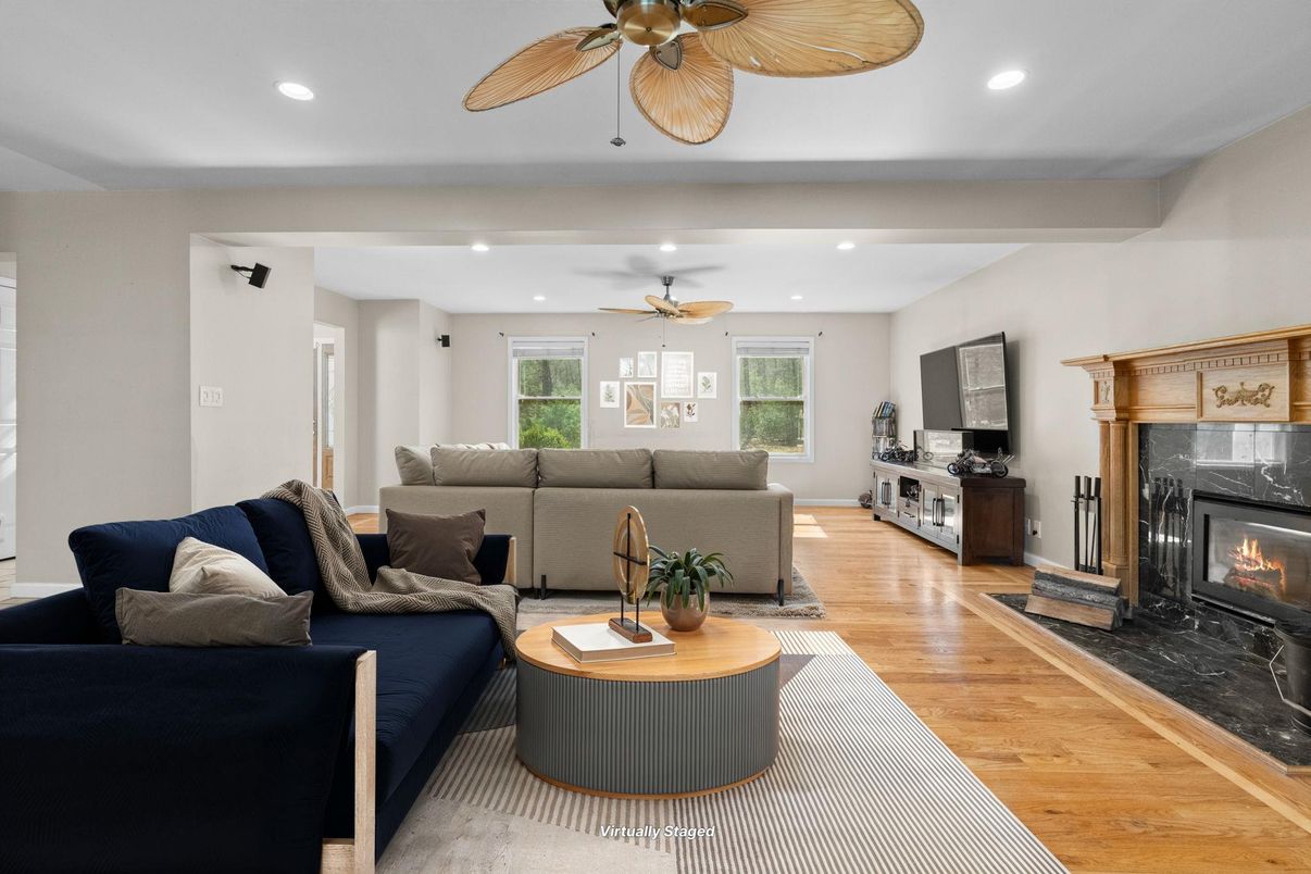 Fireplace, Interior, Living room, Recessed Lighting, Wood Texture Flooring