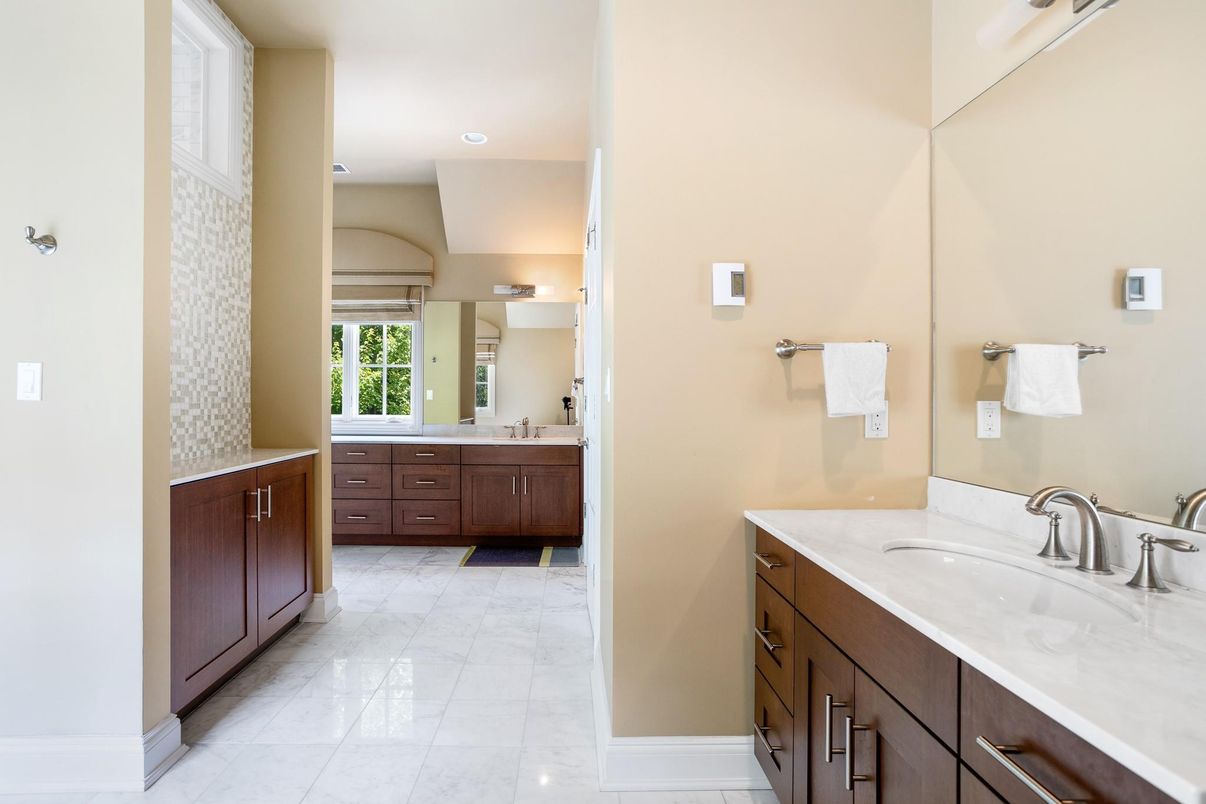 Bathroom, Dual Sink Vanities, Interior, Marble, Recessed Lighting