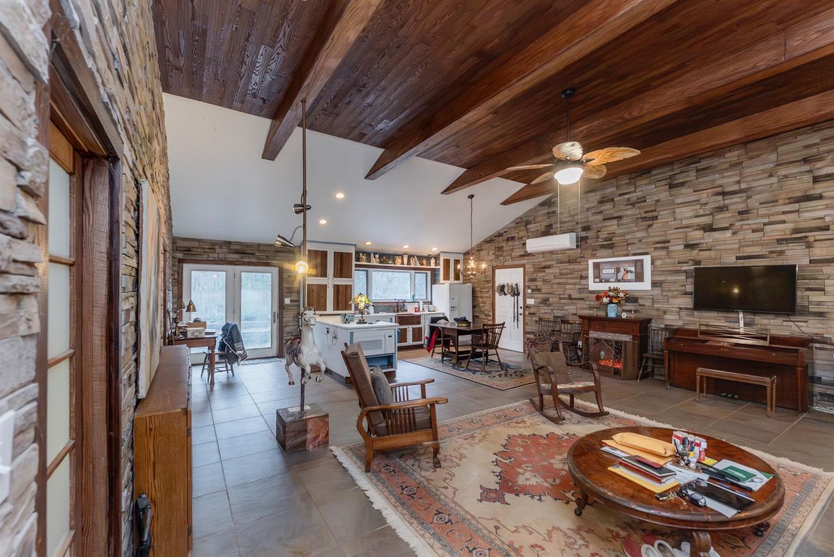Dining room, Fireplace, Interior, Kitchen, Living room, Pendant Lights, Recessed Lighting, Stone Walls, Wooden Beams, Wooden Ceilings