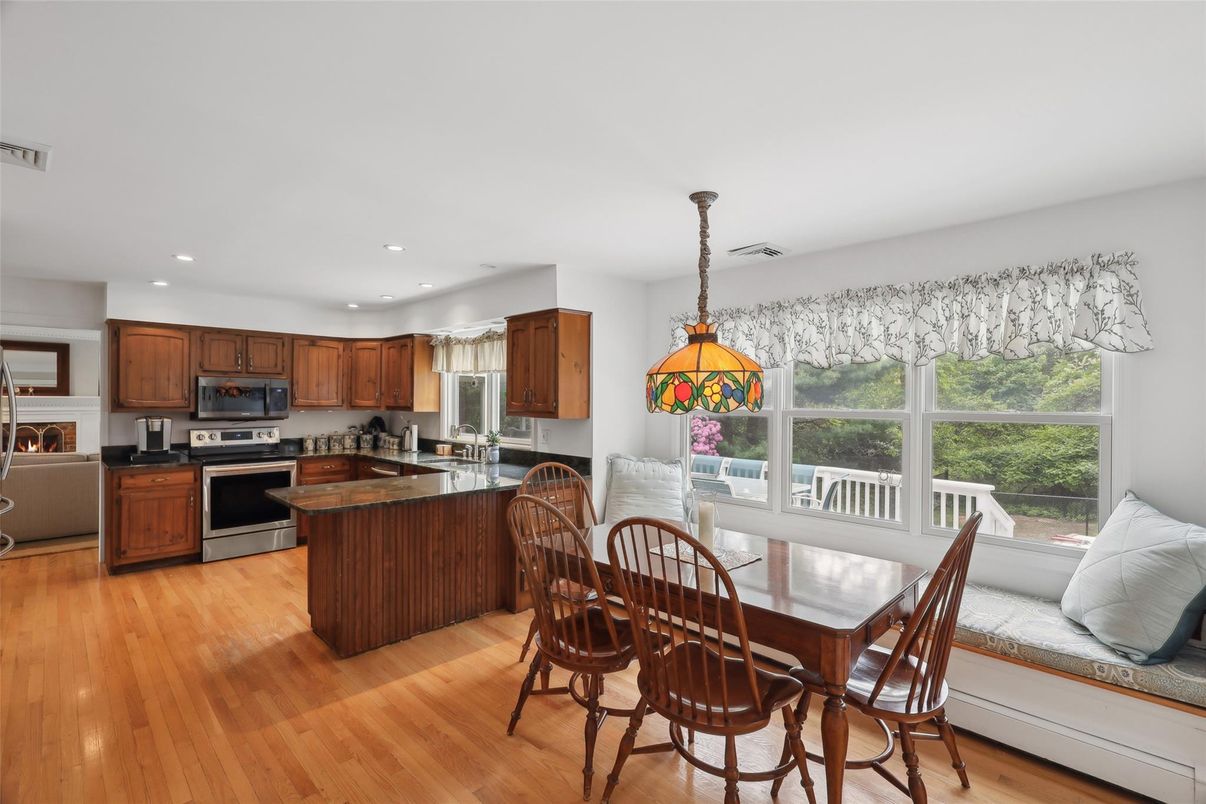 Dining room, Interior, Kitchen, Pendant Lights, Recessed Lighting, Stainless Steel Appliances, Wood Texture Flooring