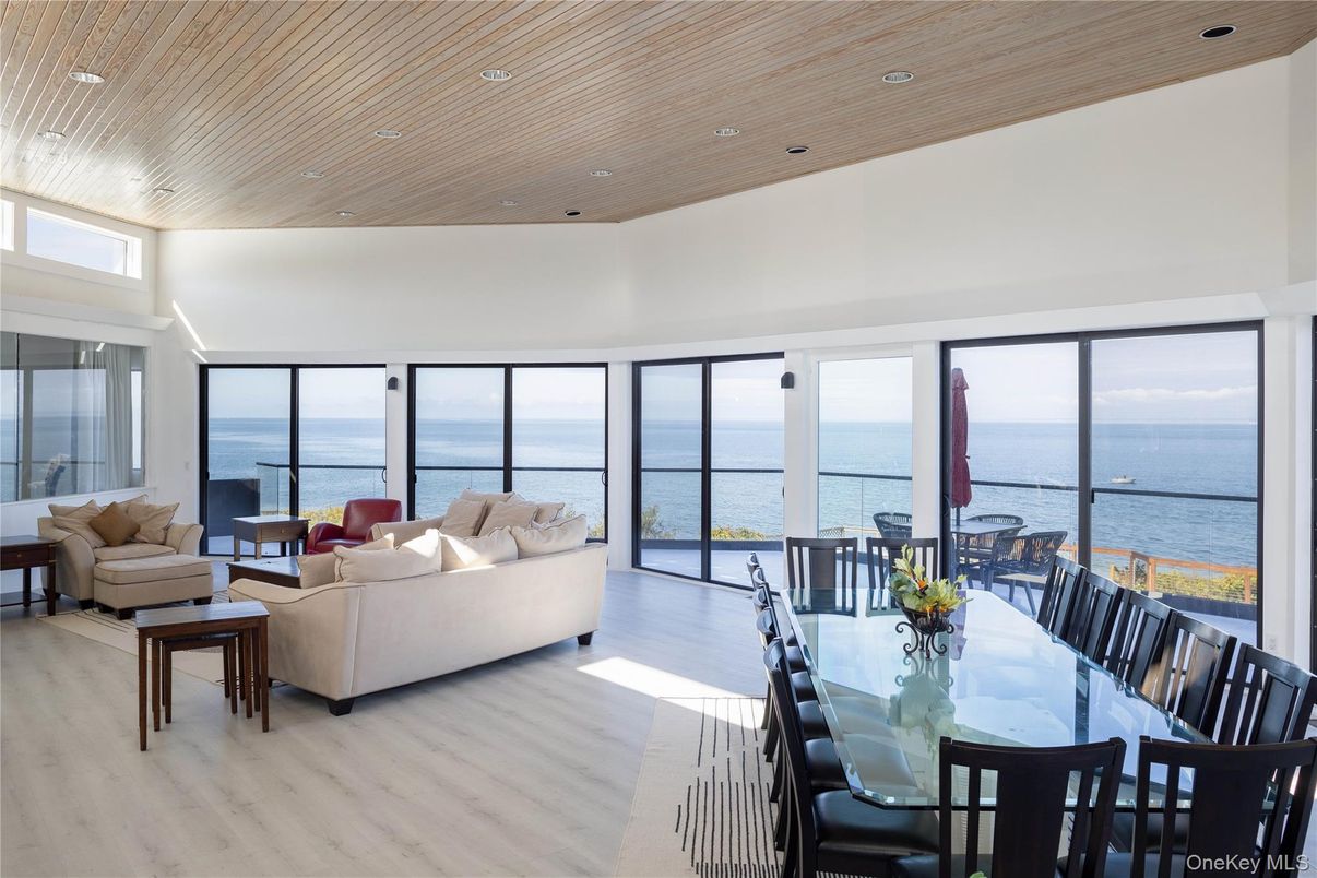 Dining room, Interior, Living room, Recessed Lighting, Water, Wooden Ceilings, Wood Texture Flooring