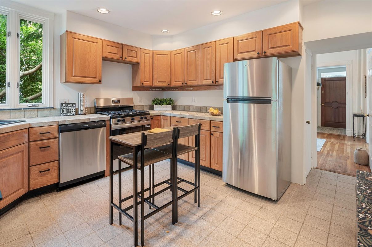 Interior, Kitchen, Recessed Lighting, Stainless Steel Appliances, Wood Texture Flooring