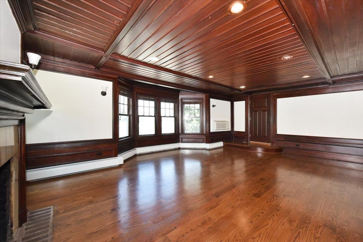 Empty room, Fireplace, Interior, Recessed Lighting, Wooden Beams, Wooden Ceilings, Wood Texture Flooring, Wooden Walls