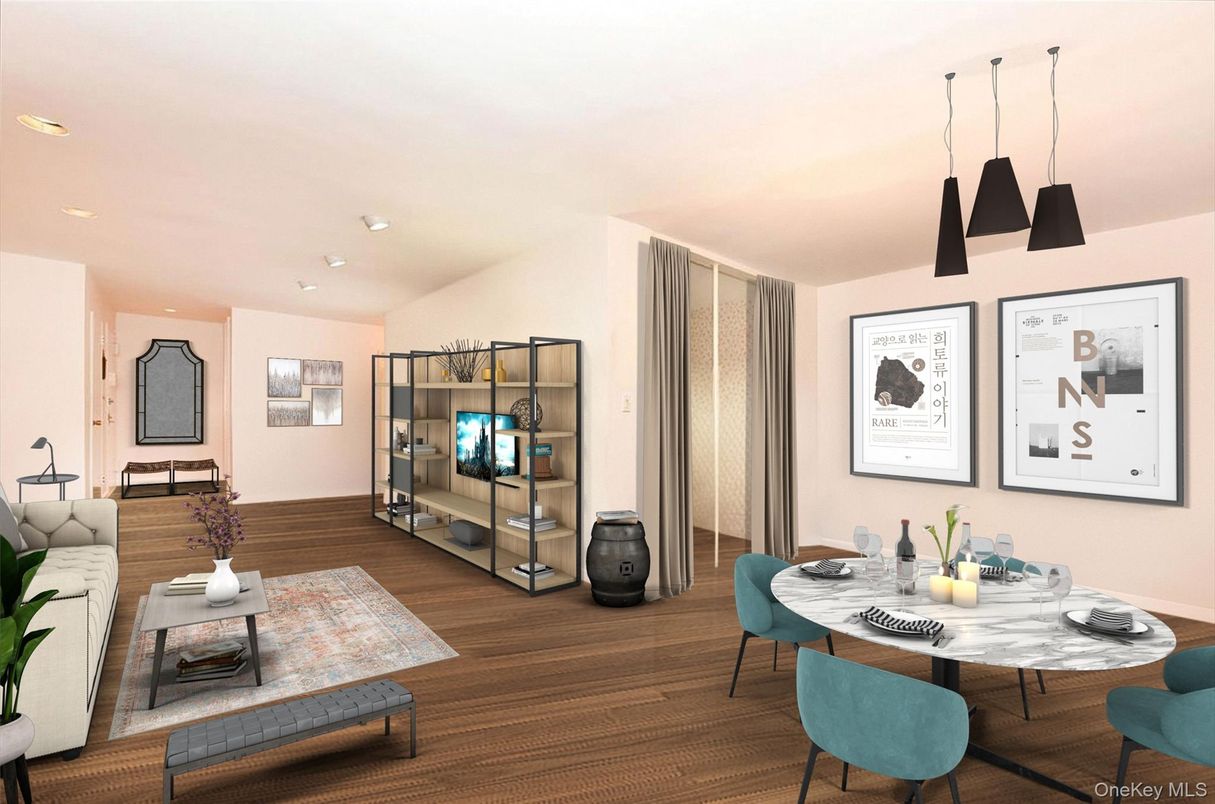 Dining room, Interior, Living room, Pendant Lights, Recessed Lighting, Wood Texture Flooring