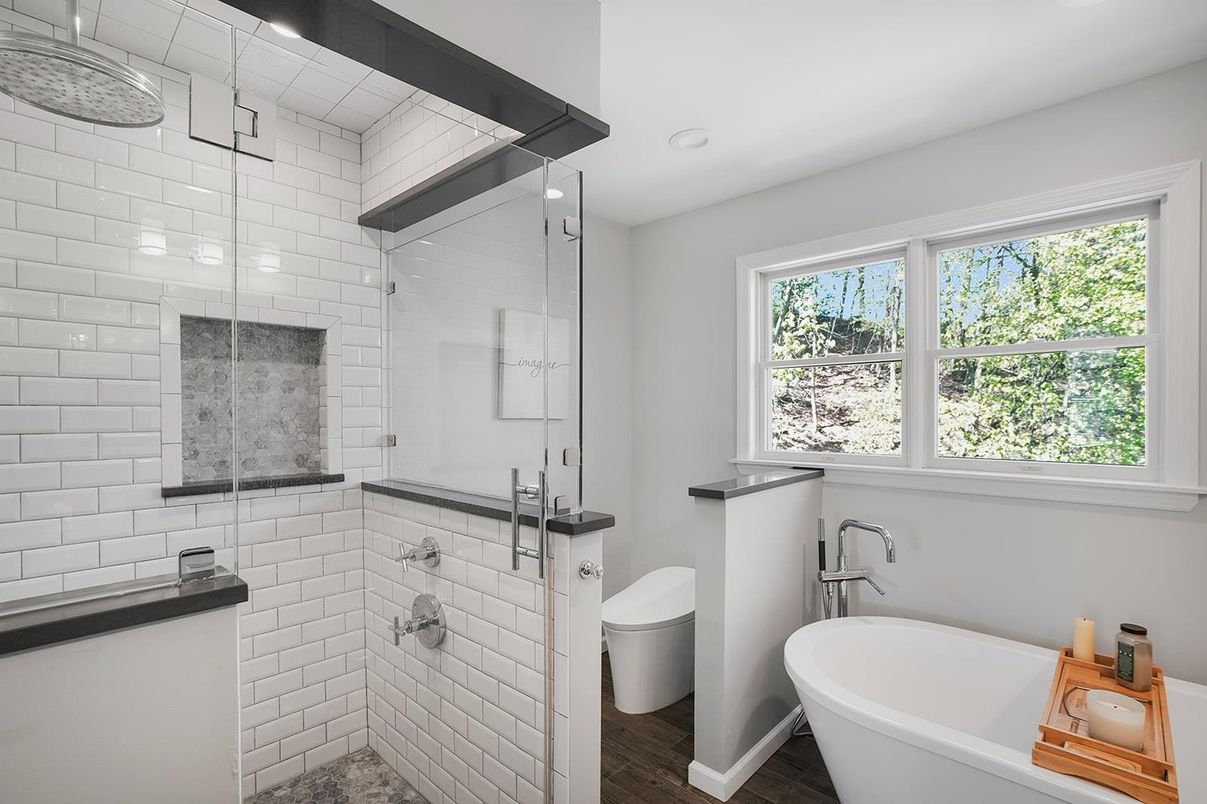 Bathroom, Free Standing Baths, Glass Shower, Interior, Recessed Lighting, Wood Texture Flooring