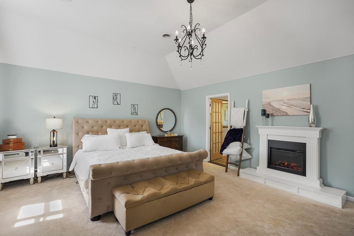 Bedroom, Chandelier, Fireplace, Interior