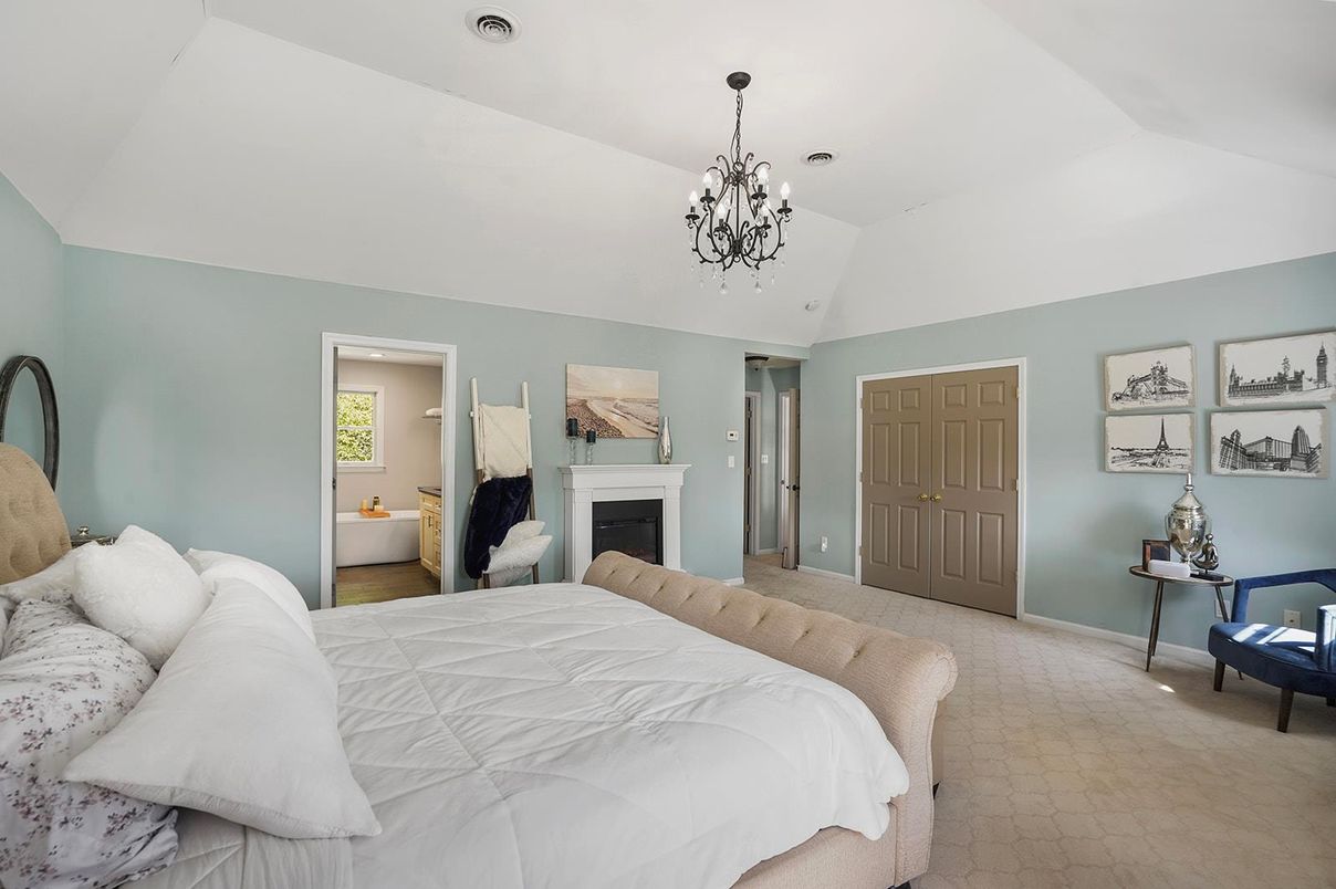 Bedroom, Chandelier, Fireplace, Interior