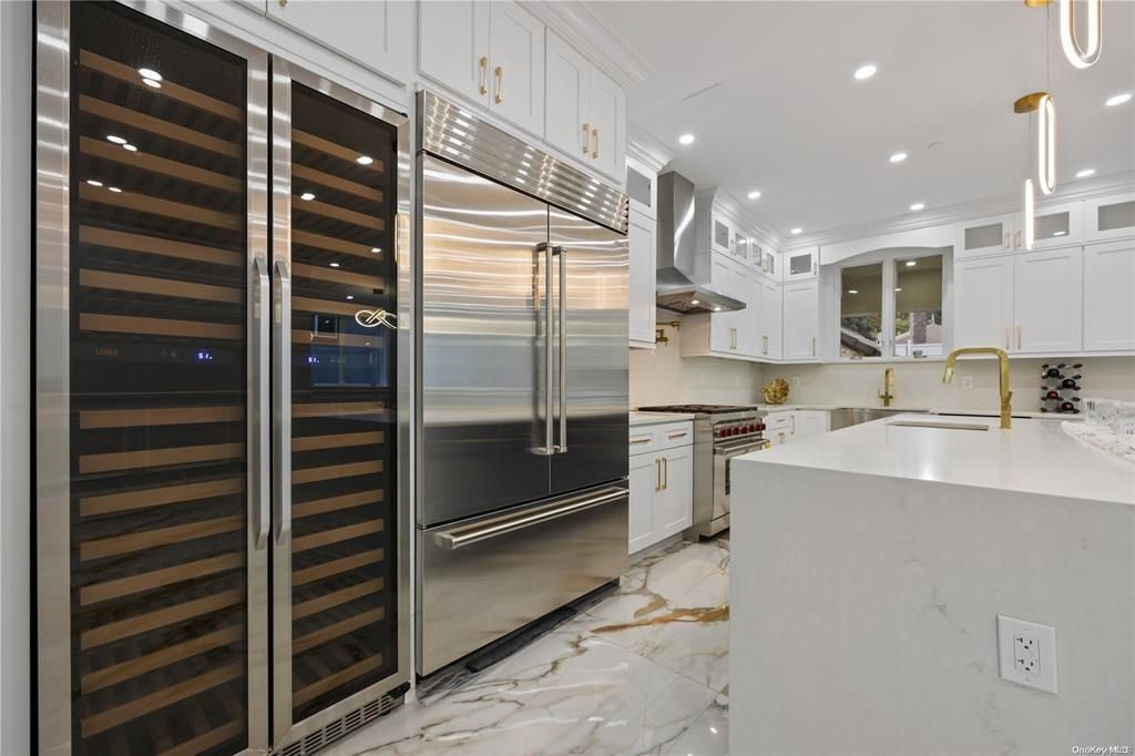 Interior, Kitchen, Marble, Pendant Lights, Recessed Lighting, Stainless Steel Appliances