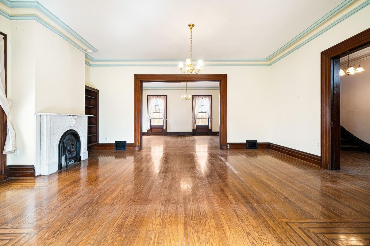 Chandelier, Empty room, Fireplace, Interior, Pendant Lights, Wood Texture Flooring