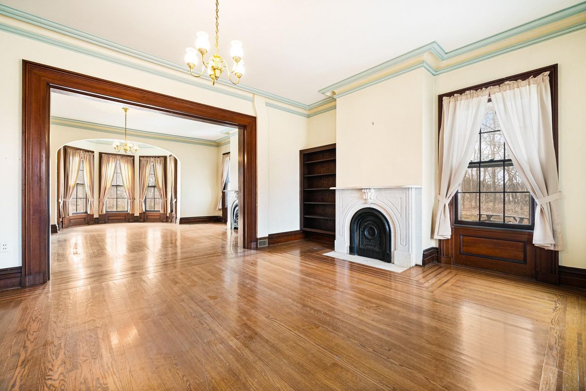 Chandelier, Empty room, Fireplace, Interior, Wood Texture Flooring