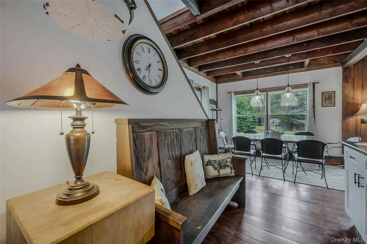 Dining room, Interior, Pendant Lights, Wooden Beams, Wooden Ceilings, Wood Texture Flooring