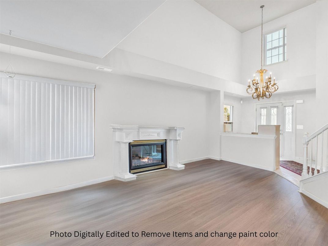 Chandelier, Empty room, Fireplace, Interior, Wood Texture Flooring