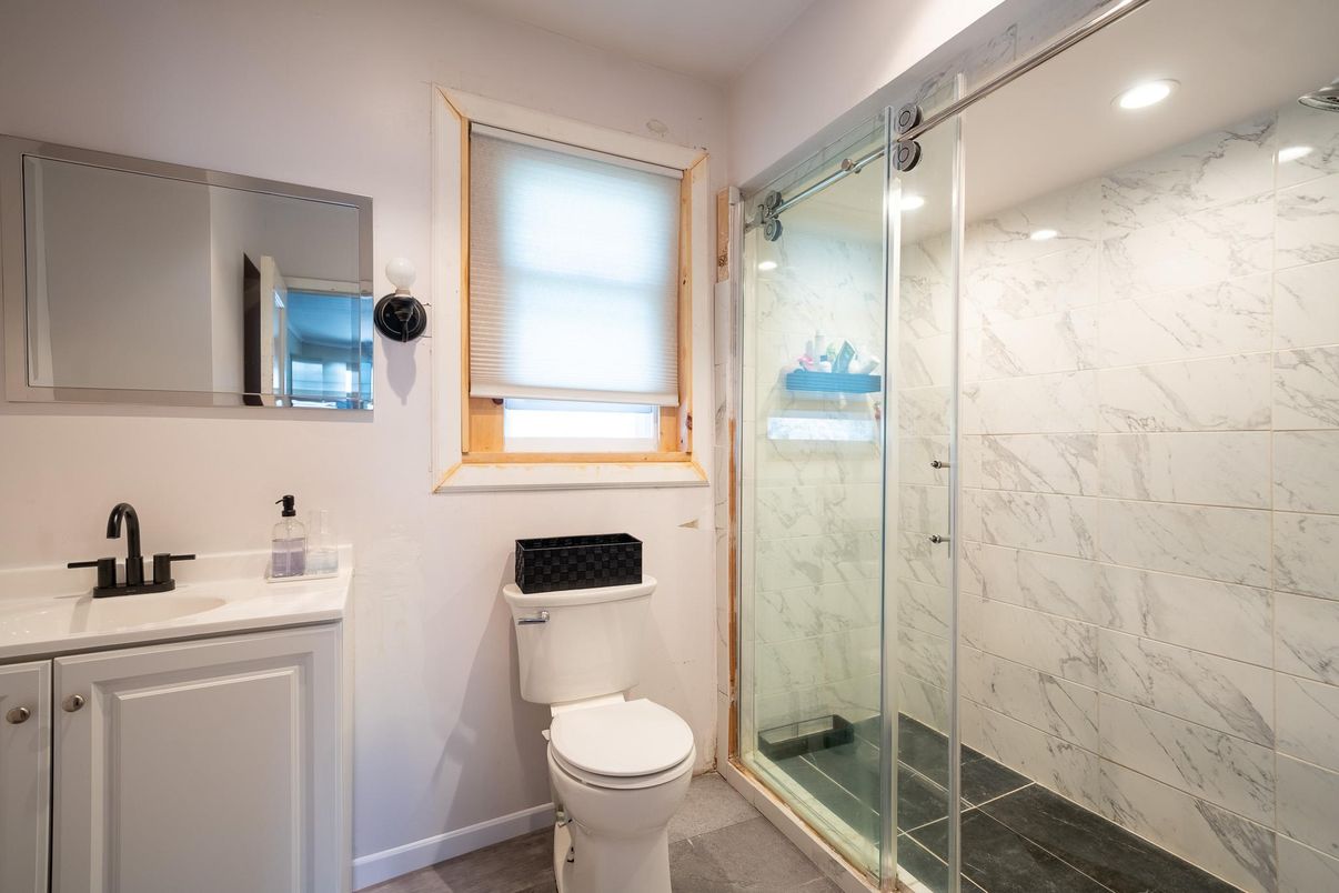 Bathroom, Glass Shower, Interior, Marble Walls, Recessed Lighting