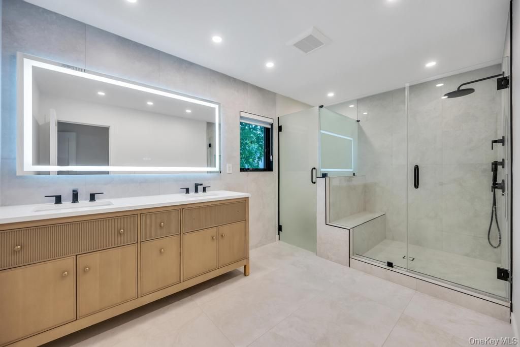 Bathroom, Dual Sink Vanities, Glass Shower, Interior, Recessed Lighting