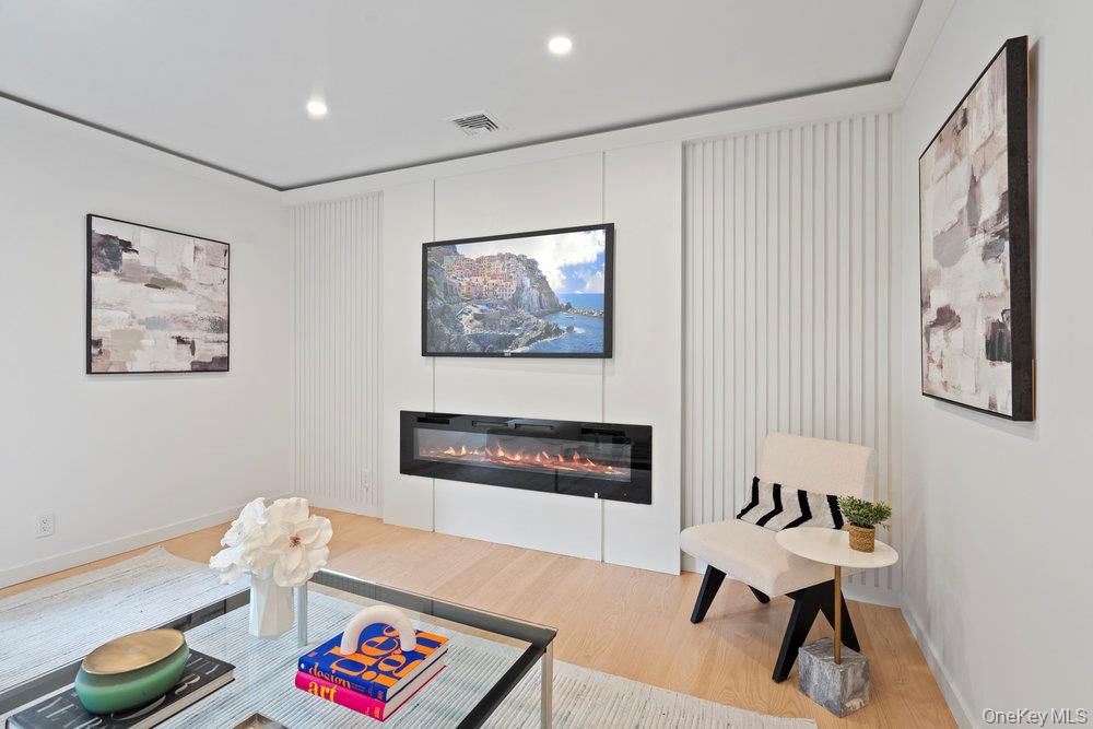 Fireplace, Interior, Living room, Recessed Lighting, Wood Texture Flooring