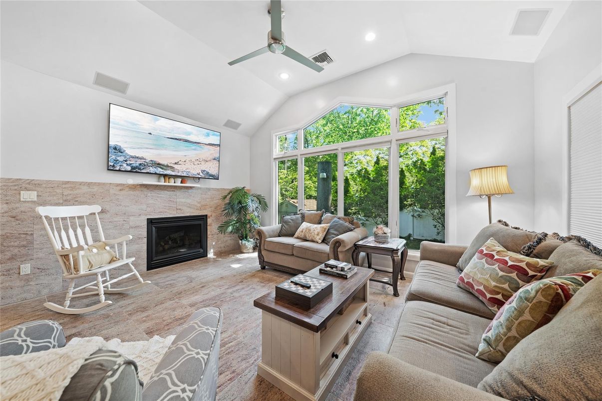 Fireplace, Interior, Living room, Recessed Lighting, Wood Texture Flooring