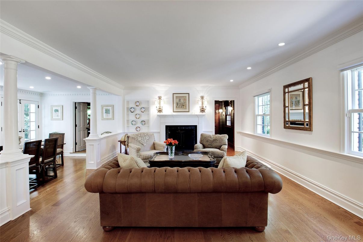 Fireplace, Interior, Living room, Recessed Lighting, Wood Texture Flooring