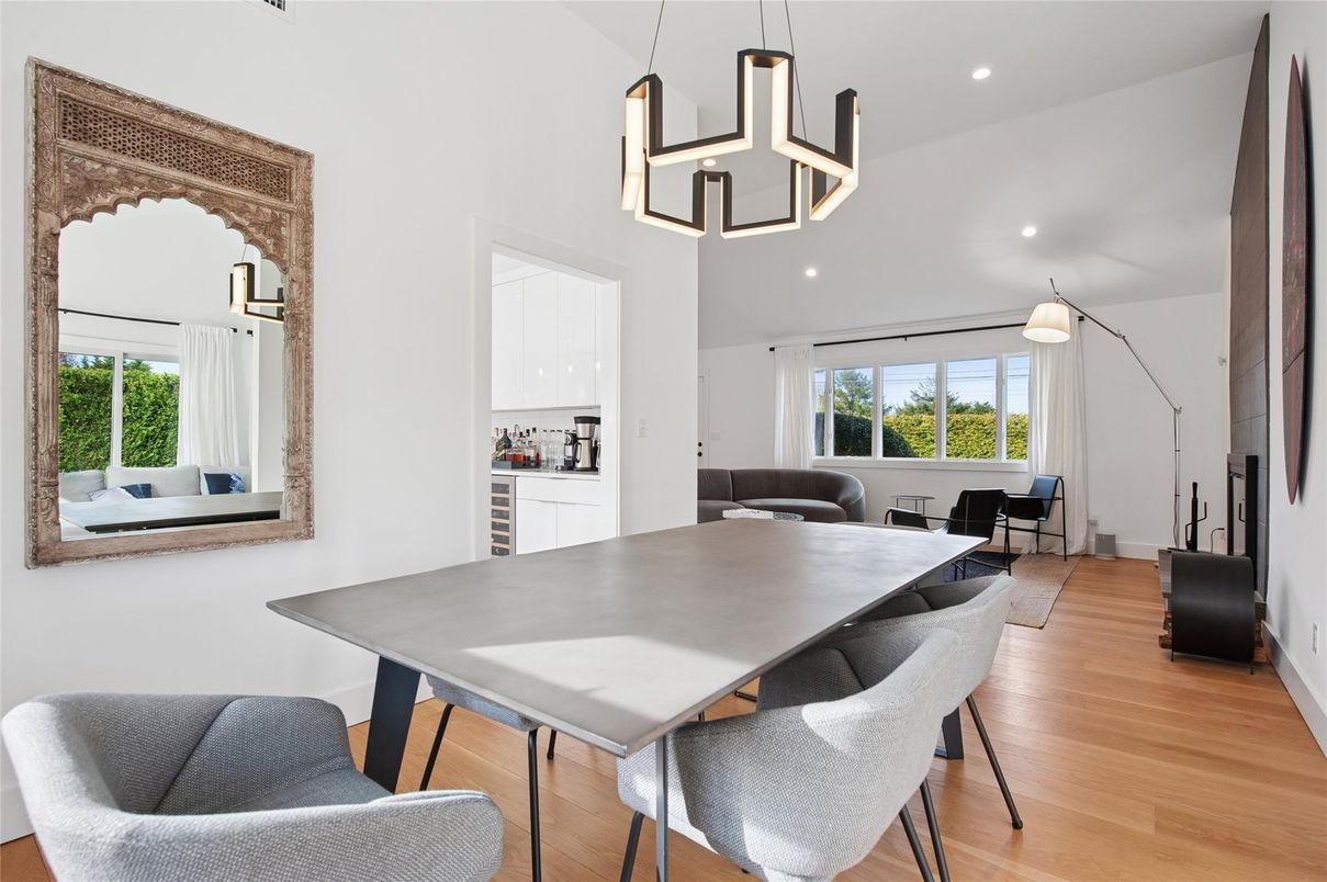 Dining room, Interior, Pendant Lights, Recessed Lighting, Wood Texture Flooring