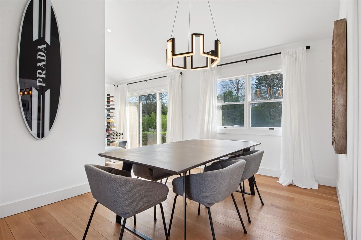 Dining room, Interior, Pendant Lights, Recessed Lighting, Wood Texture Flooring