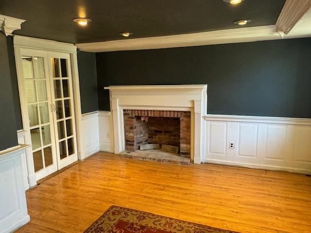 Empty room, Fireplace, Interior, Recessed Lighting, Wood Texture Flooring