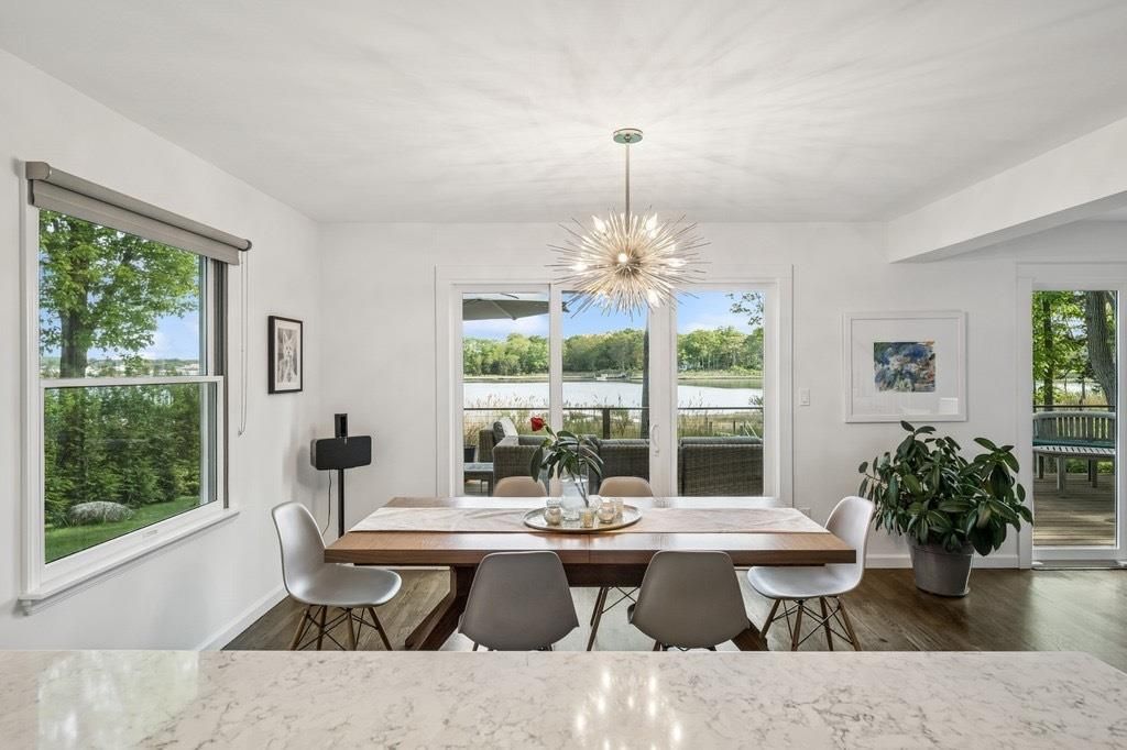 Dining room, Interior, Pendant Lights, Wood Texture Flooring