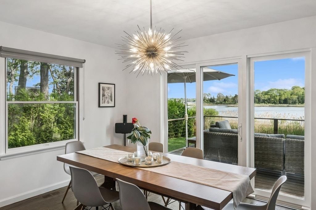 Dining room, Interior, Pendant Lights, Water, Wood Texture Flooring