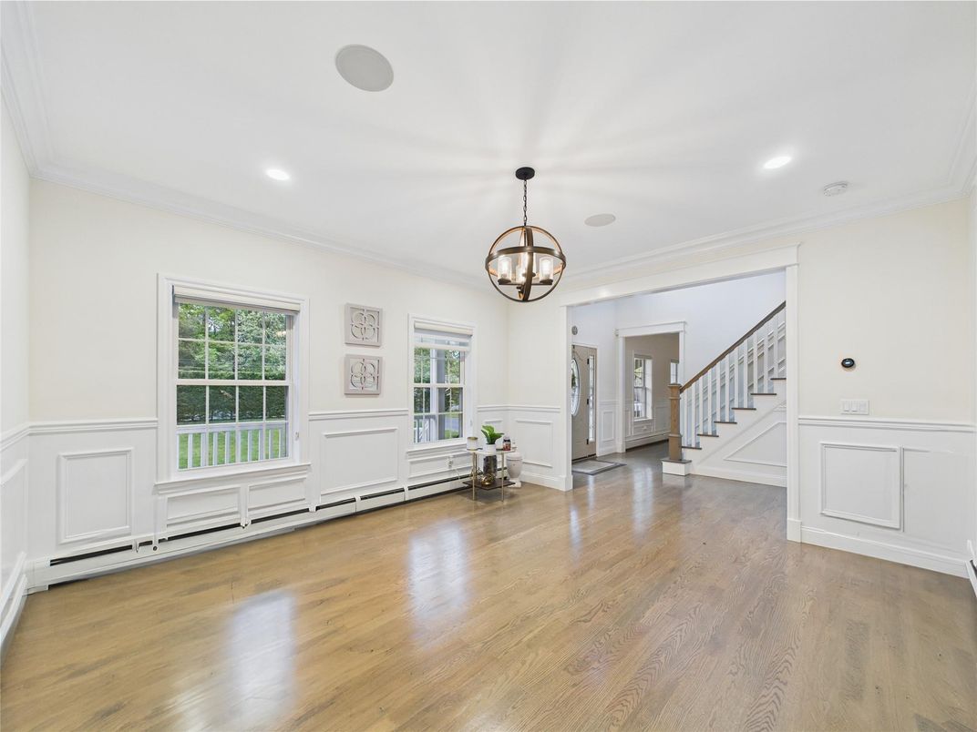 Empty room, Interior, Pendant Lights, Recessed Lighting, Wood Texture Flooring