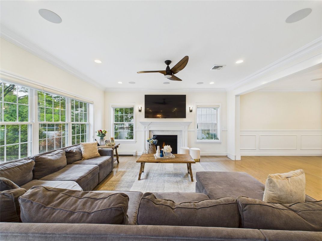 Fireplace, Interior, Living room, Recessed Lighting, Wood Texture Flooring