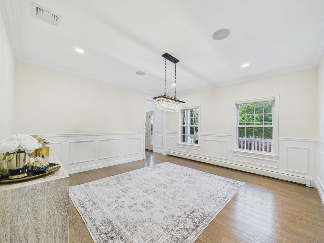 Chandelier, Empty room, Interior, Pendant Lights, Recessed Lighting, Wood Texture Flooring