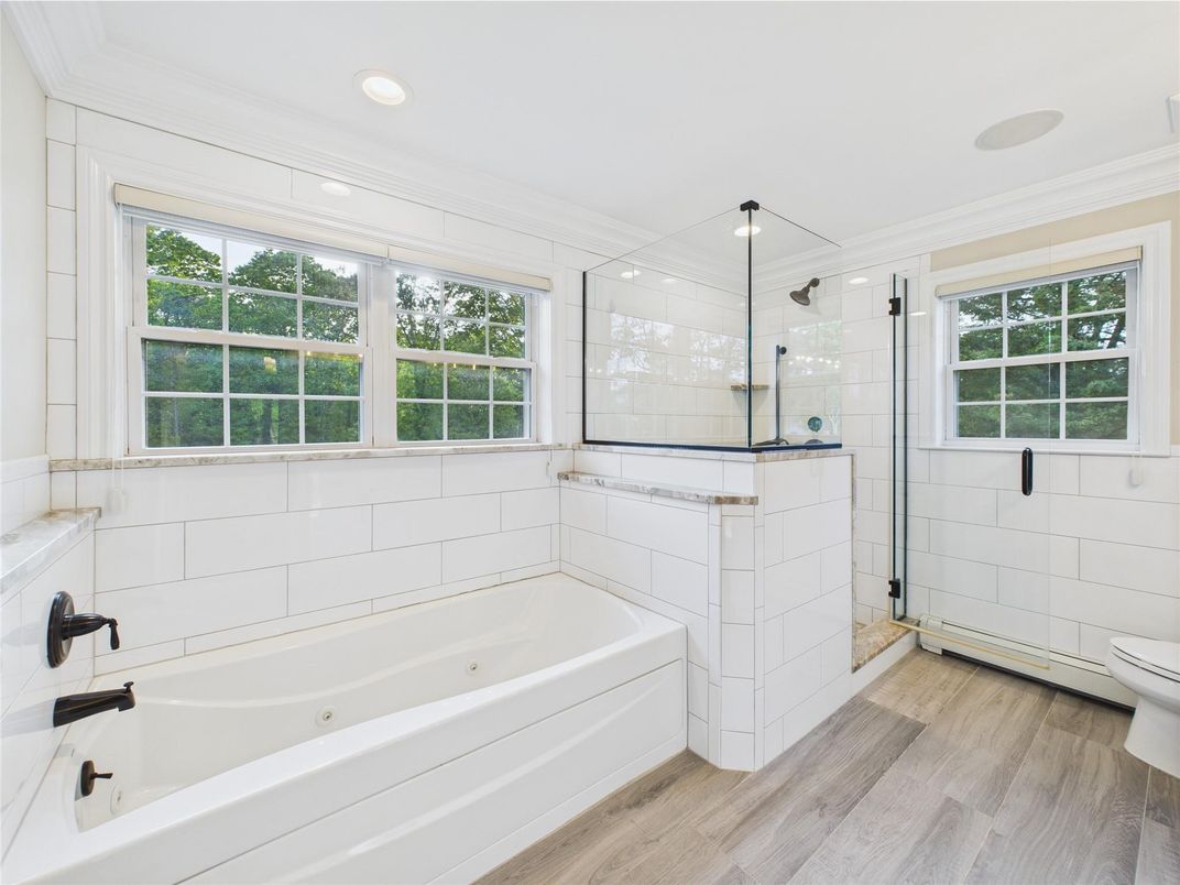 Bathroom, Glass Shower, Interior, Recessed Lighting, Wood Texture Flooring