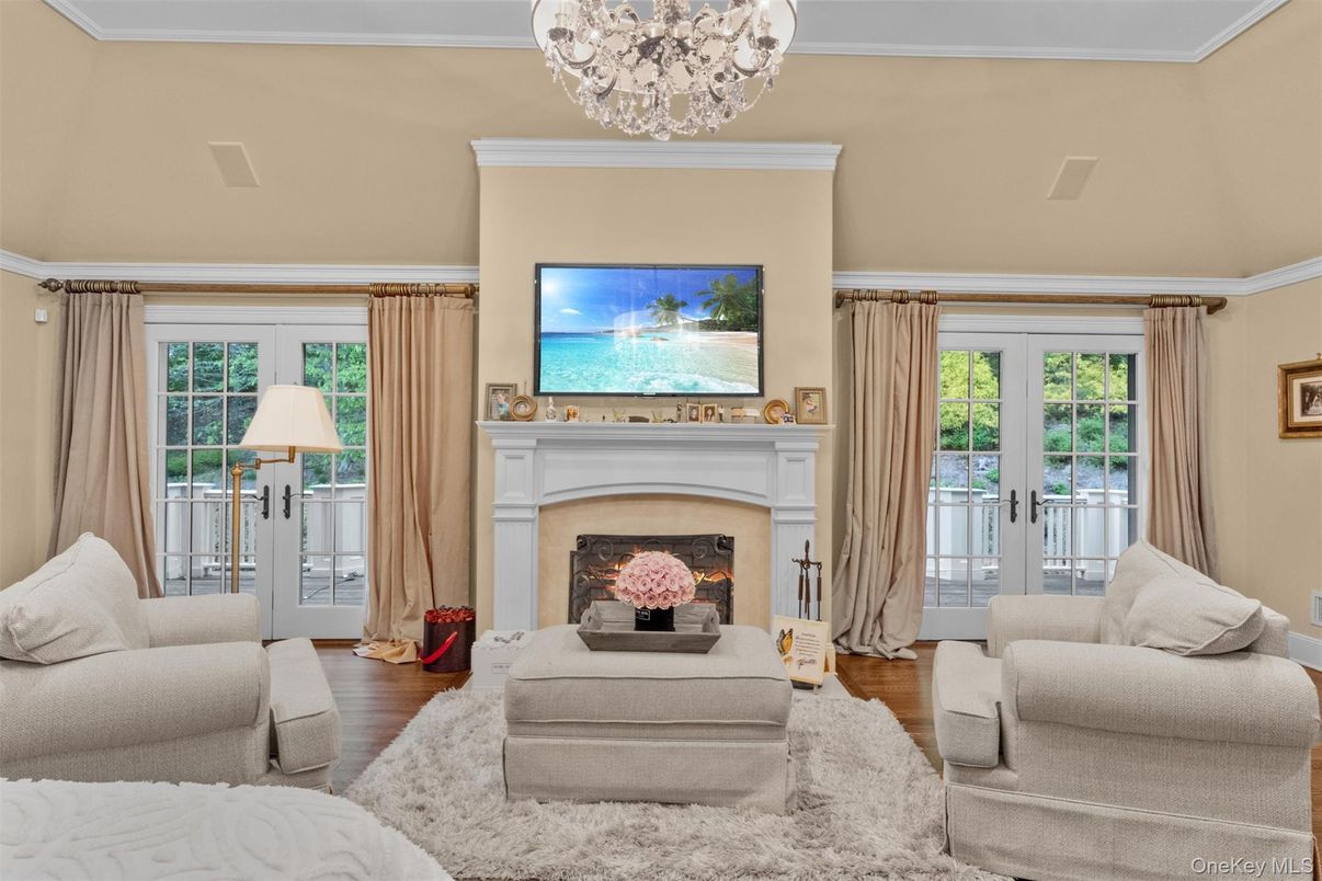 Chandelier, Fireplace, Interior, Living room, Water, Wood Texture Flooring