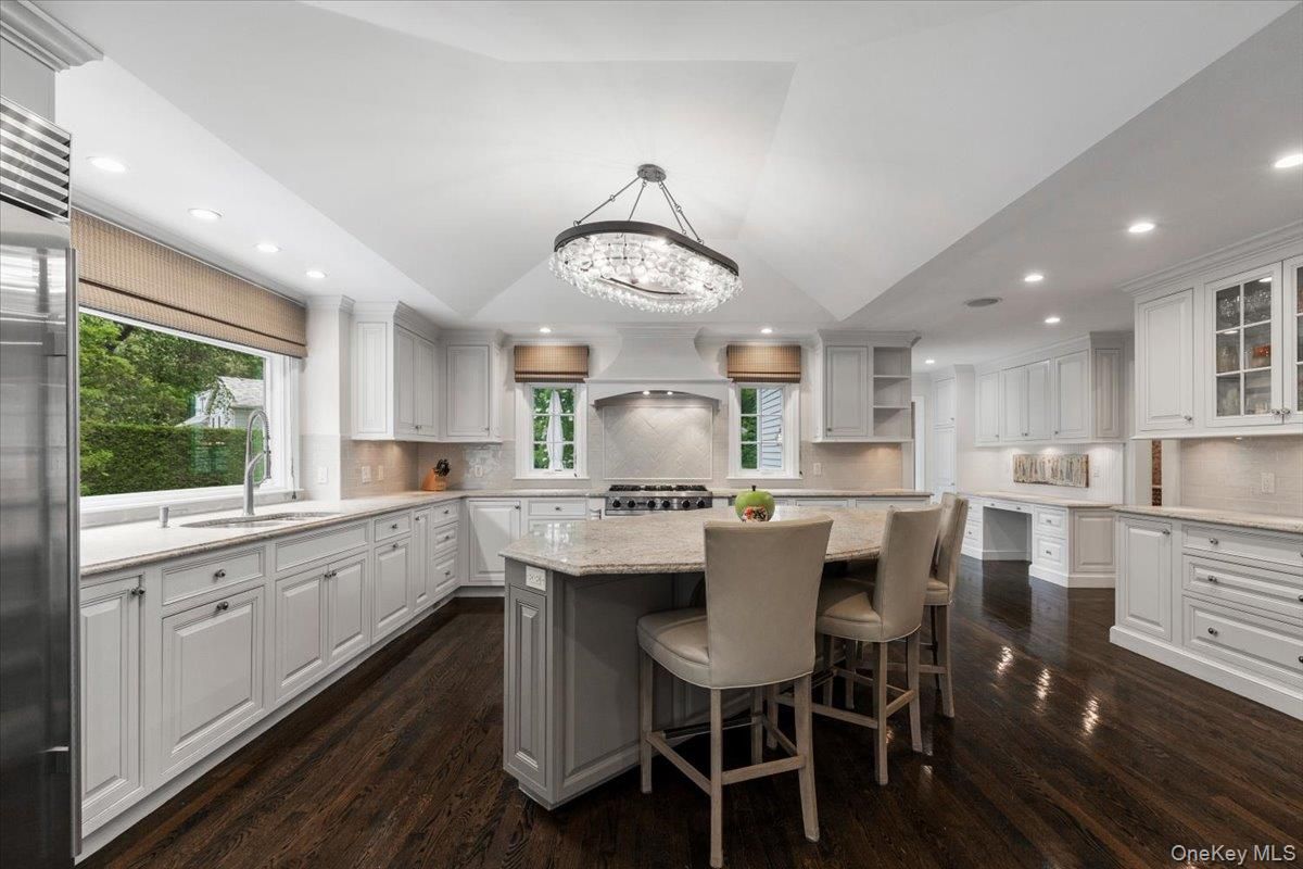 Chandelier, Interior, Kitchen, Recessed Lighting, Stainless Steel Appliances, Wood Texture Flooring