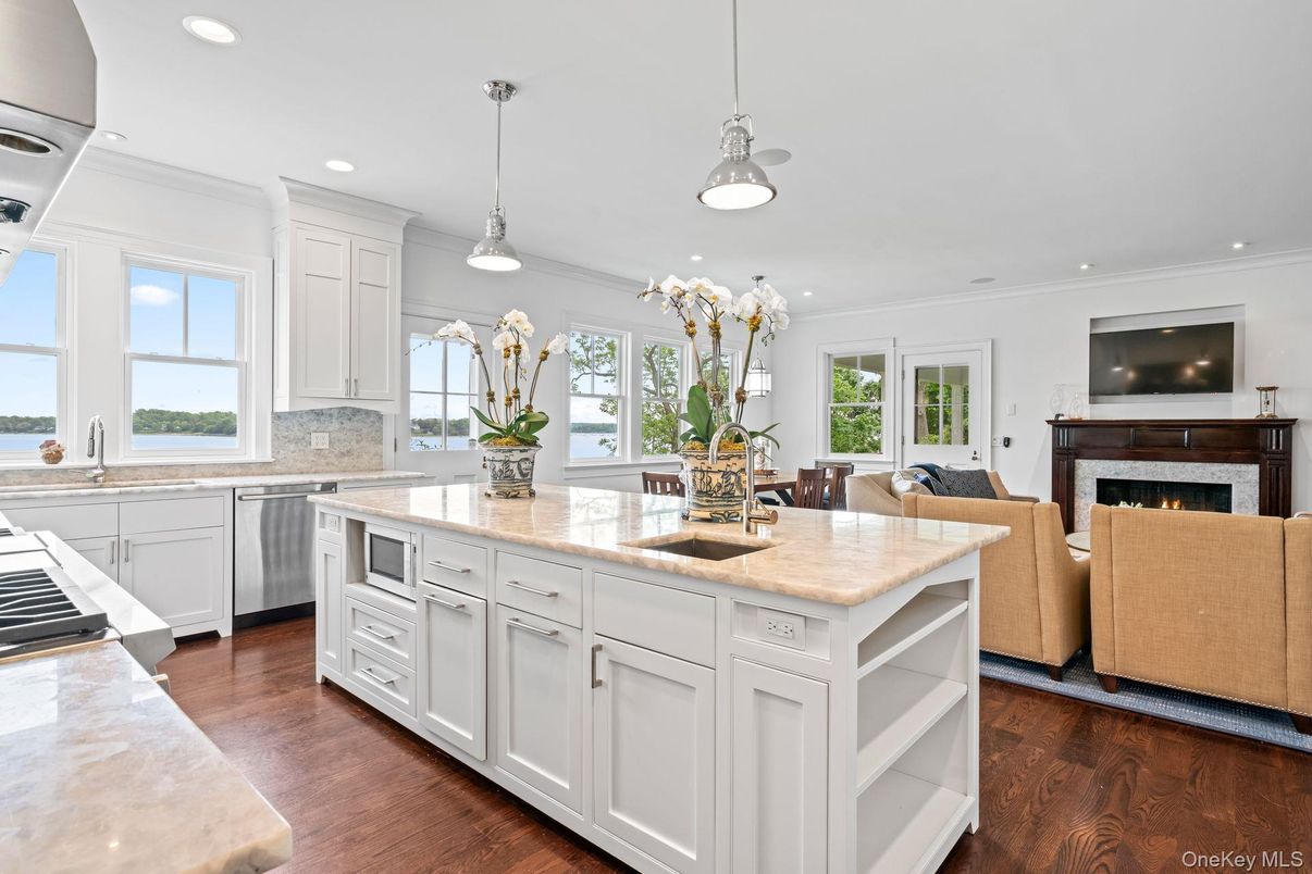 Fireplace, Interior, Kitchen, Living room, Pendant Lights, Recessed Lighting, Wood Texture Flooring