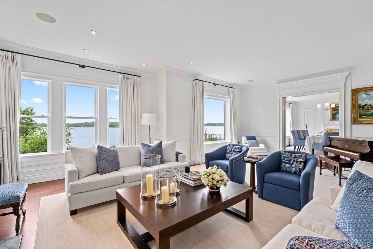 Interior, Living room, Piano, Recessed Lighting, Water, Wood Texture Flooring