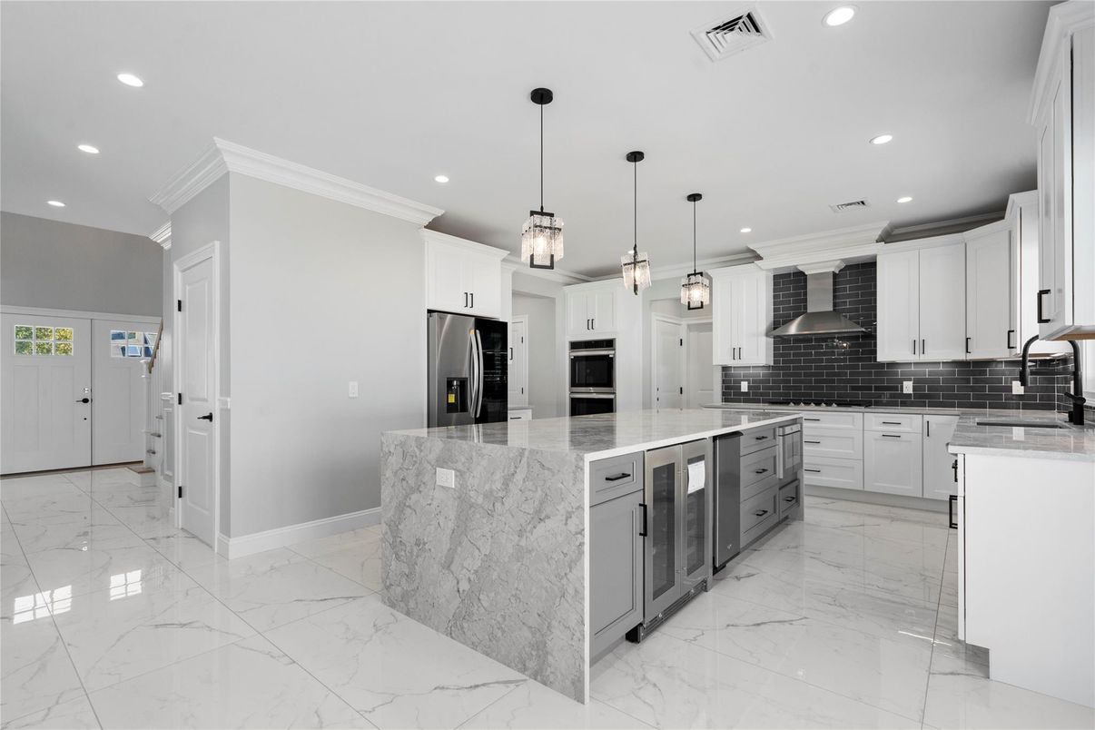 Interior, Kitchen, Marble, Pendant Lights, Recessed Lighting, Stainless Steel Appliances
