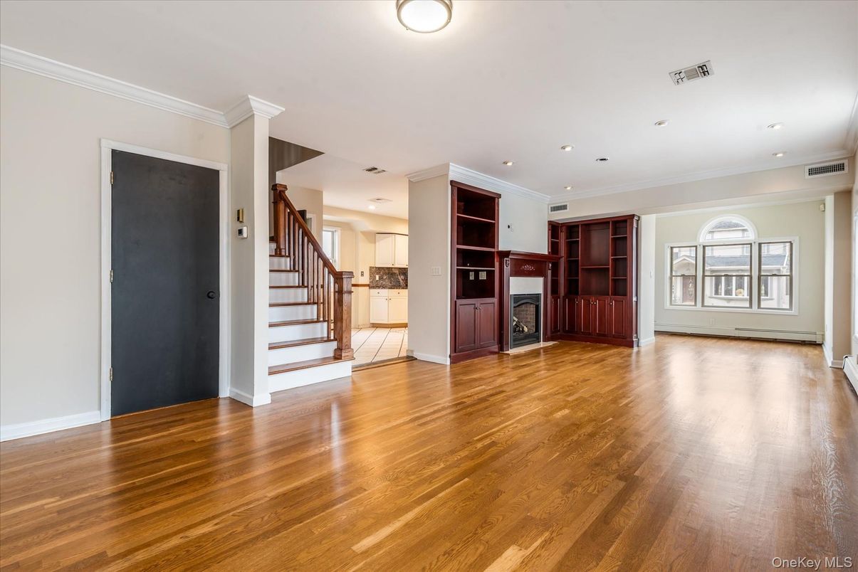 Empty room, Fireplace, Interior, Recessed Lighting, Wood Texture Flooring