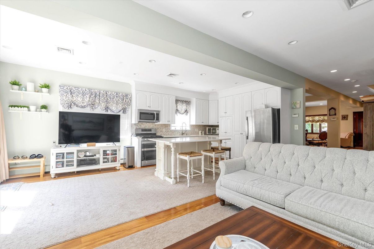 Interior, Kitchen, Living room, Recessed Lighting, Stainless Steel Appliances, Wood Texture Flooring