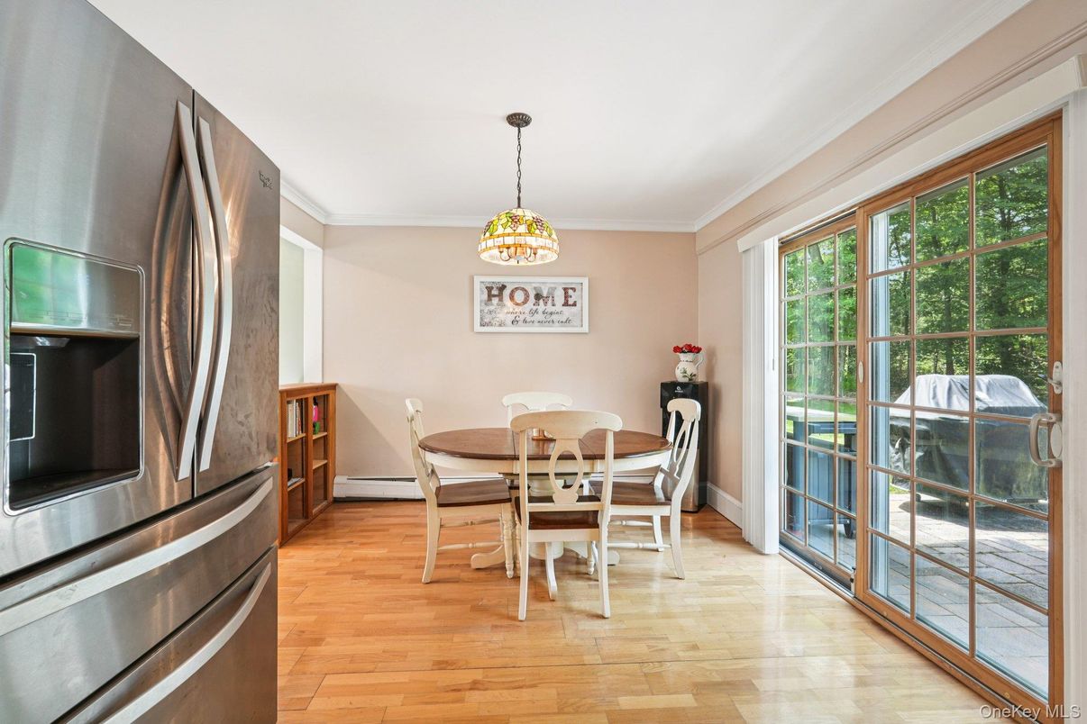 Dining room, Interior, Pendant Lights, Wood Texture Flooring