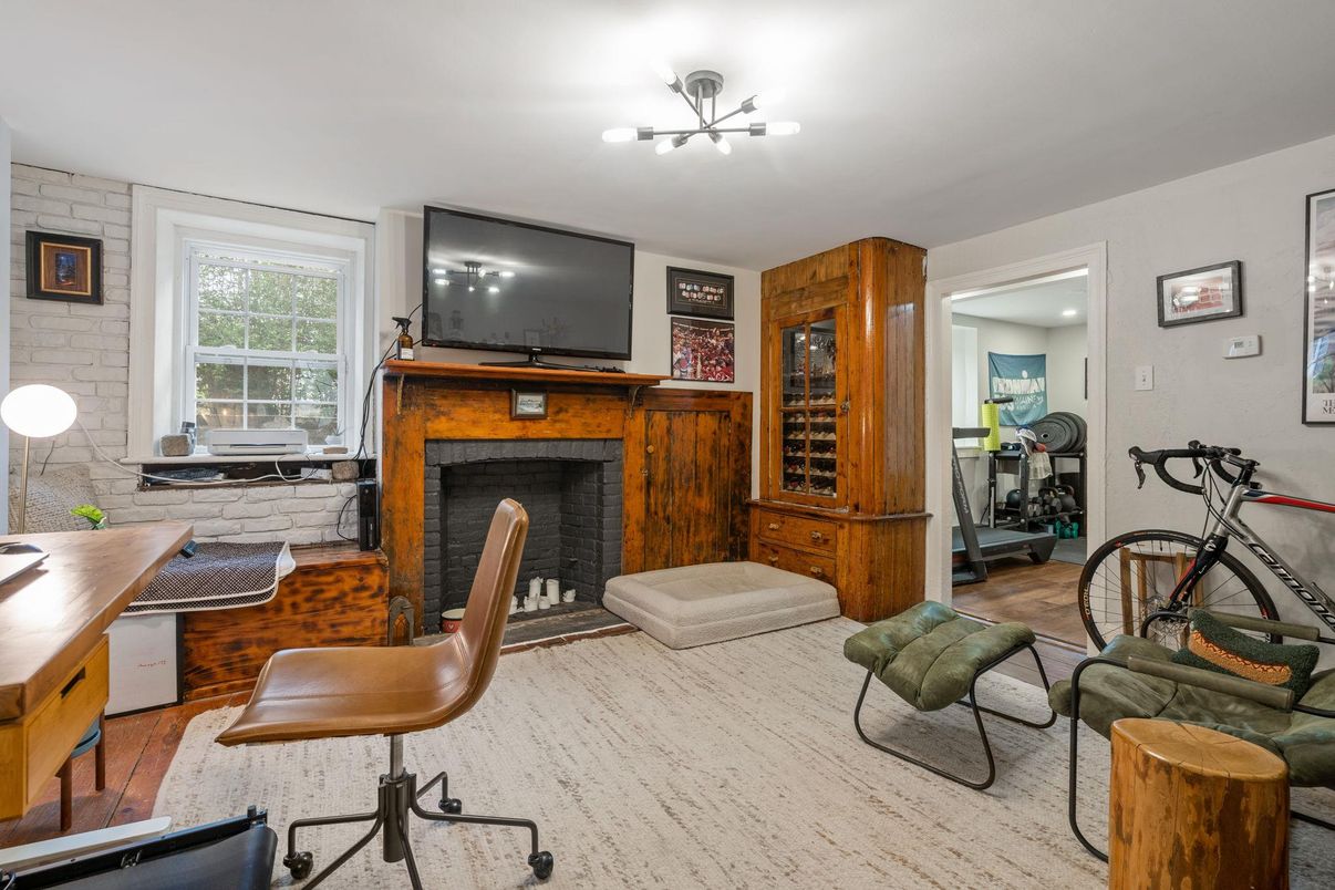 Fireplace, Fitness Equipment, Home Office, Interior, Living room, Stone Walls