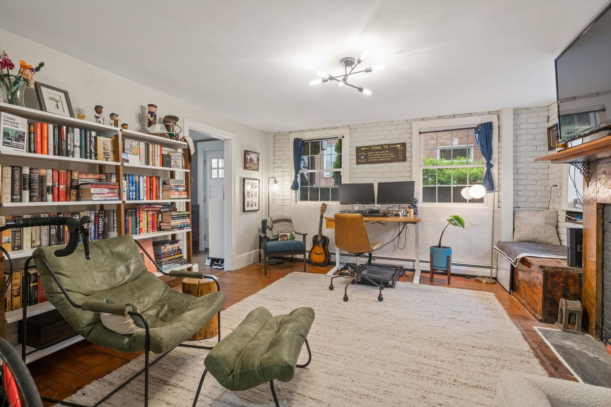 Home Office, Interior, Stone Walls, Wood Texture Flooring