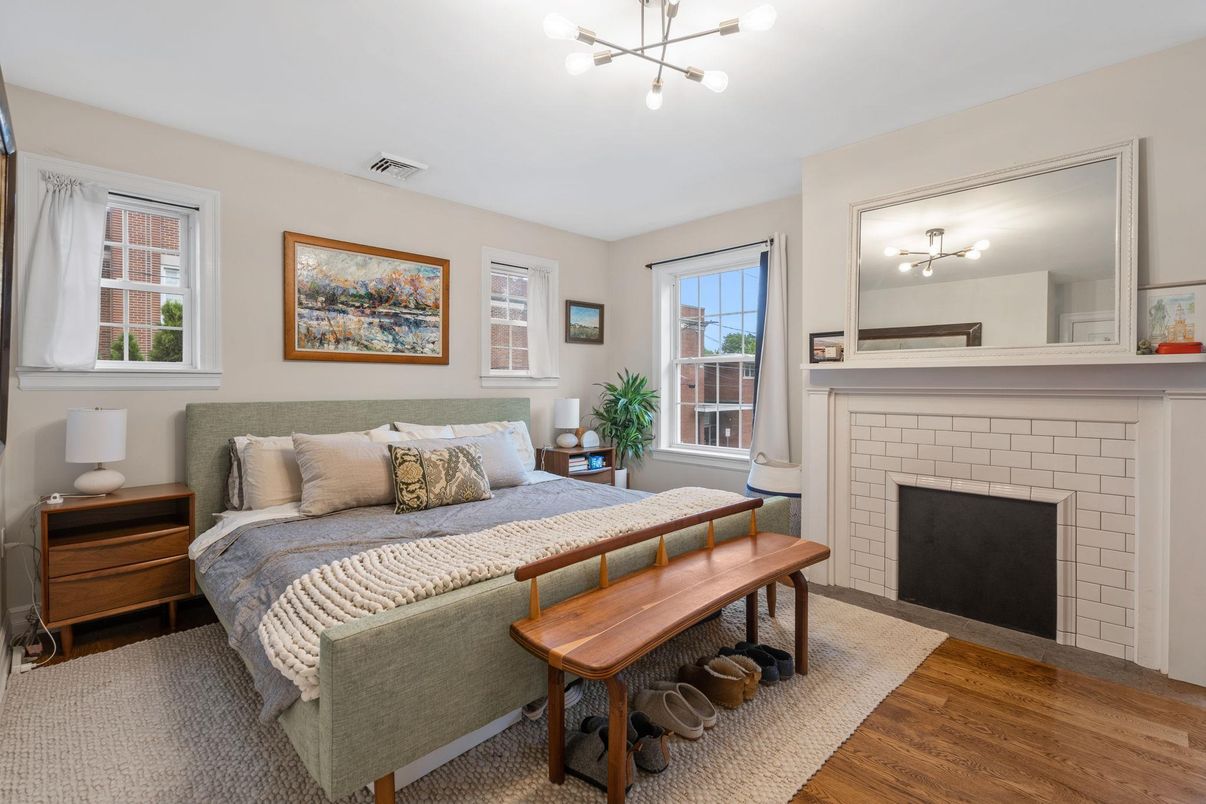 Bedroom, Fireplace, Interior, Pendant Lights, Wood Texture Flooring