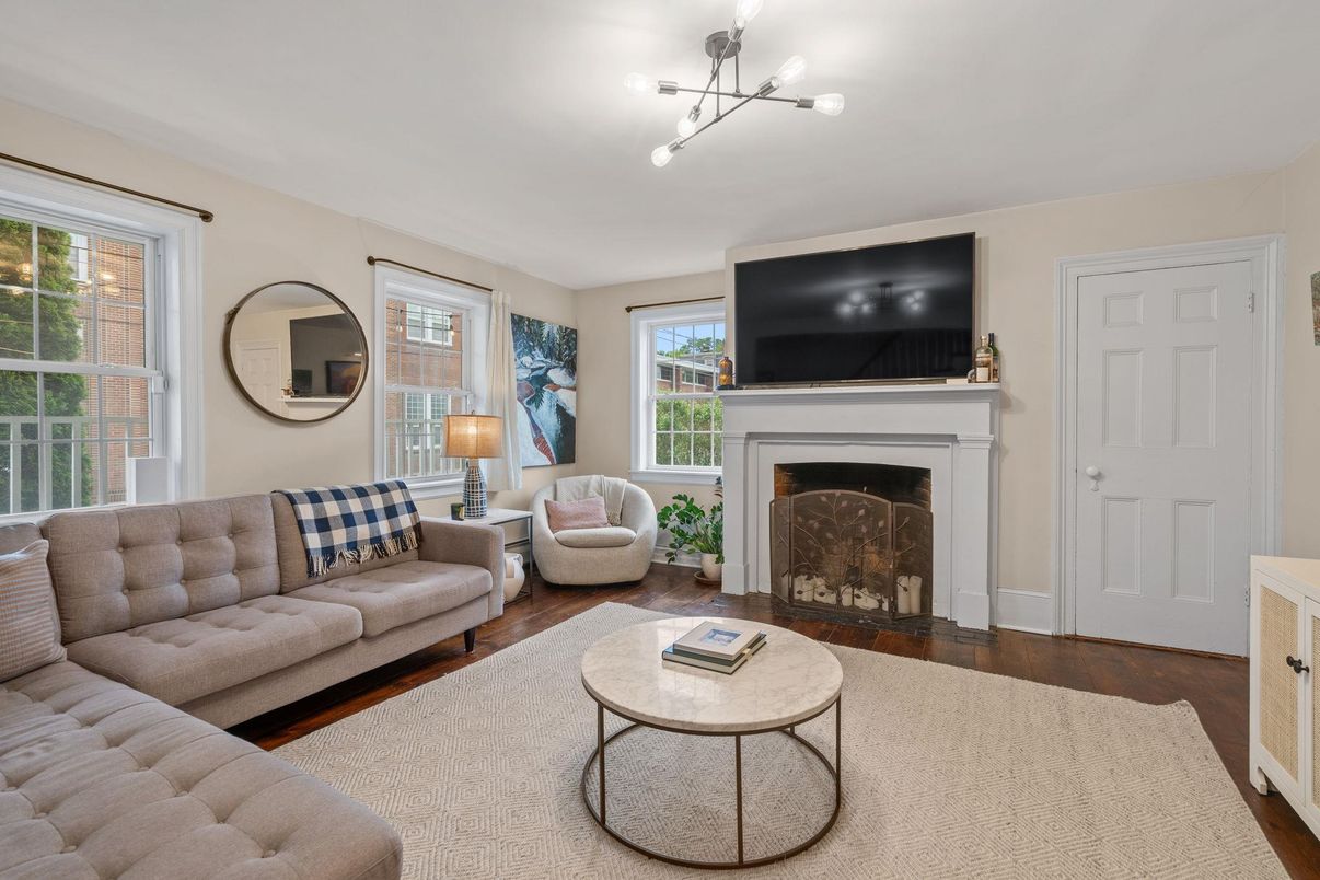 Fireplace, Interior, Living room, Pendant Lights, Wood Texture Flooring